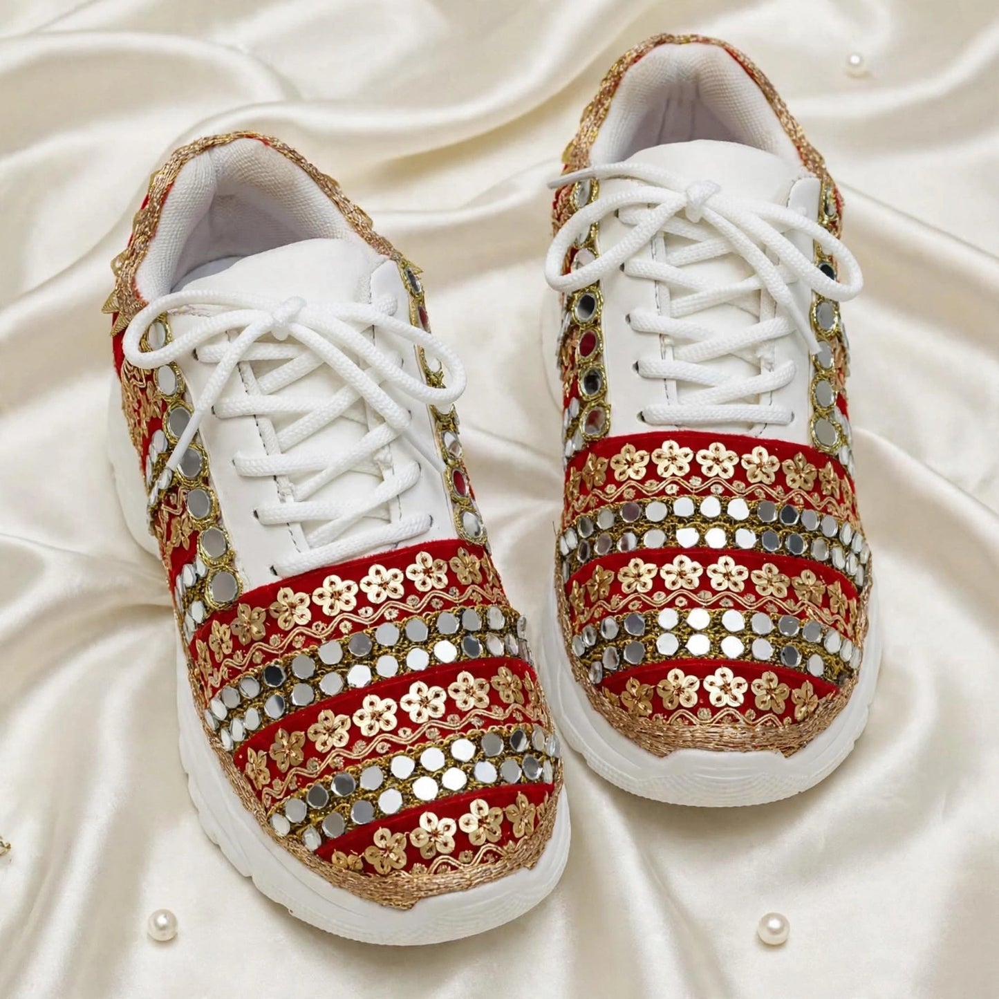 FUNKY N TRENDY red sneakers for brides /bridesmaids / sneakers for bridesmaids/ handcrafted sneakers/ mirror sneakers / bridal sneakers / bridesmaid sneakers/ gold sneakers / red sneakers