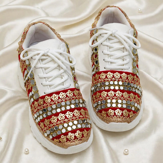 FUNKY N TRENDY red sneakers for brides /bridesmaids / sneakers for bridesmaids/ handcrafted sneakers/ mirror sneakers / bridal sneakers / bridesmaid sneakers/ gold sneakers / red sneakers