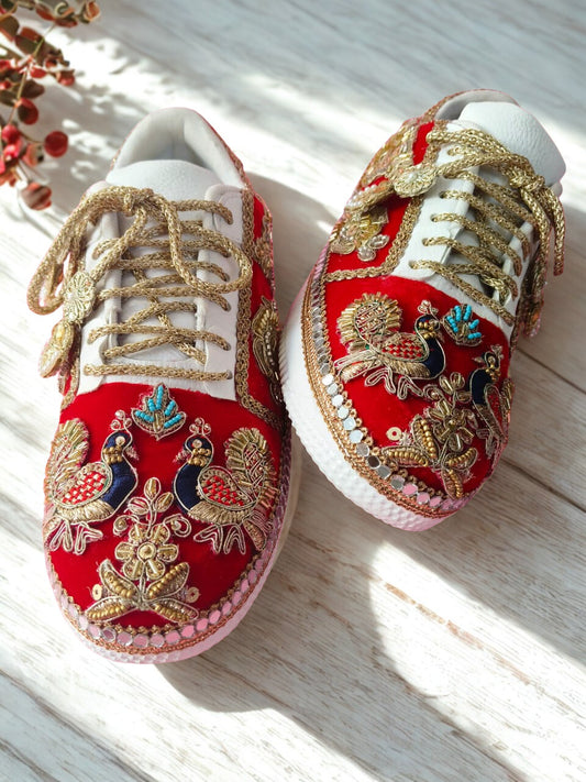 Funky N Trendy Peacock Magic Red Bridal Sneakers – Dance-Ready & Personalised