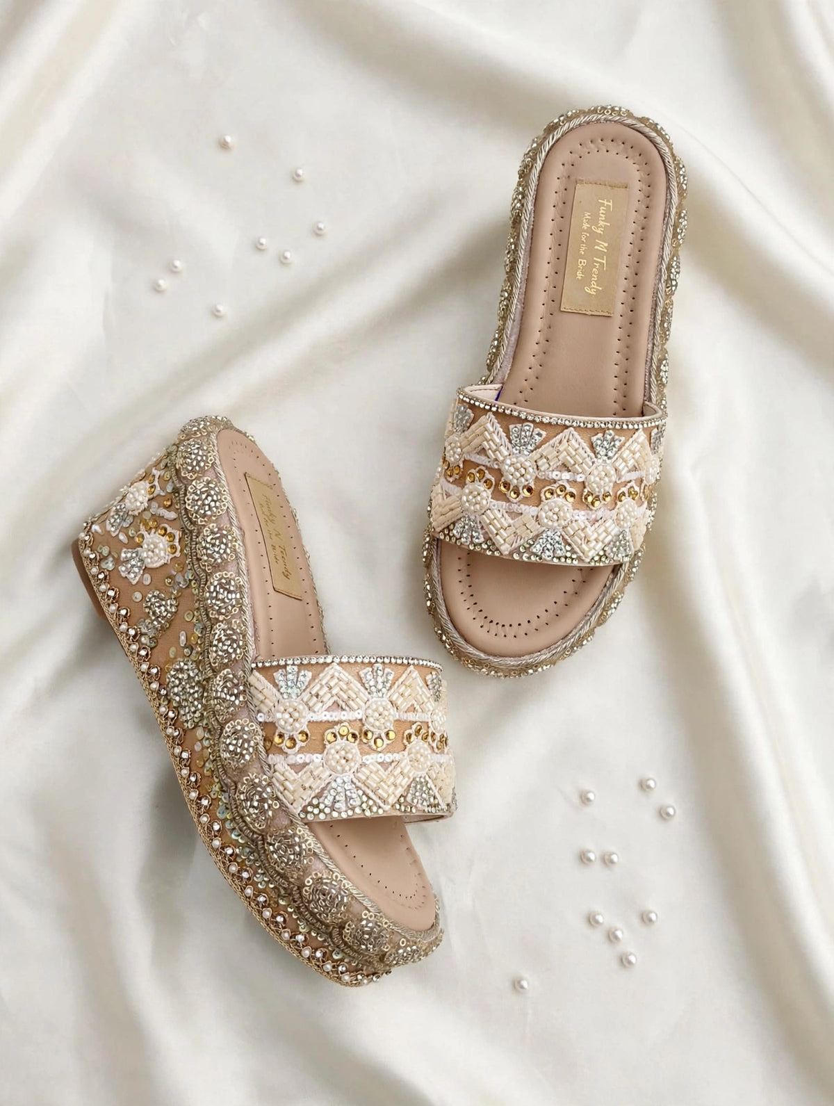 Handcrafted Bridal Embroidered Wedges - Beige / ivory