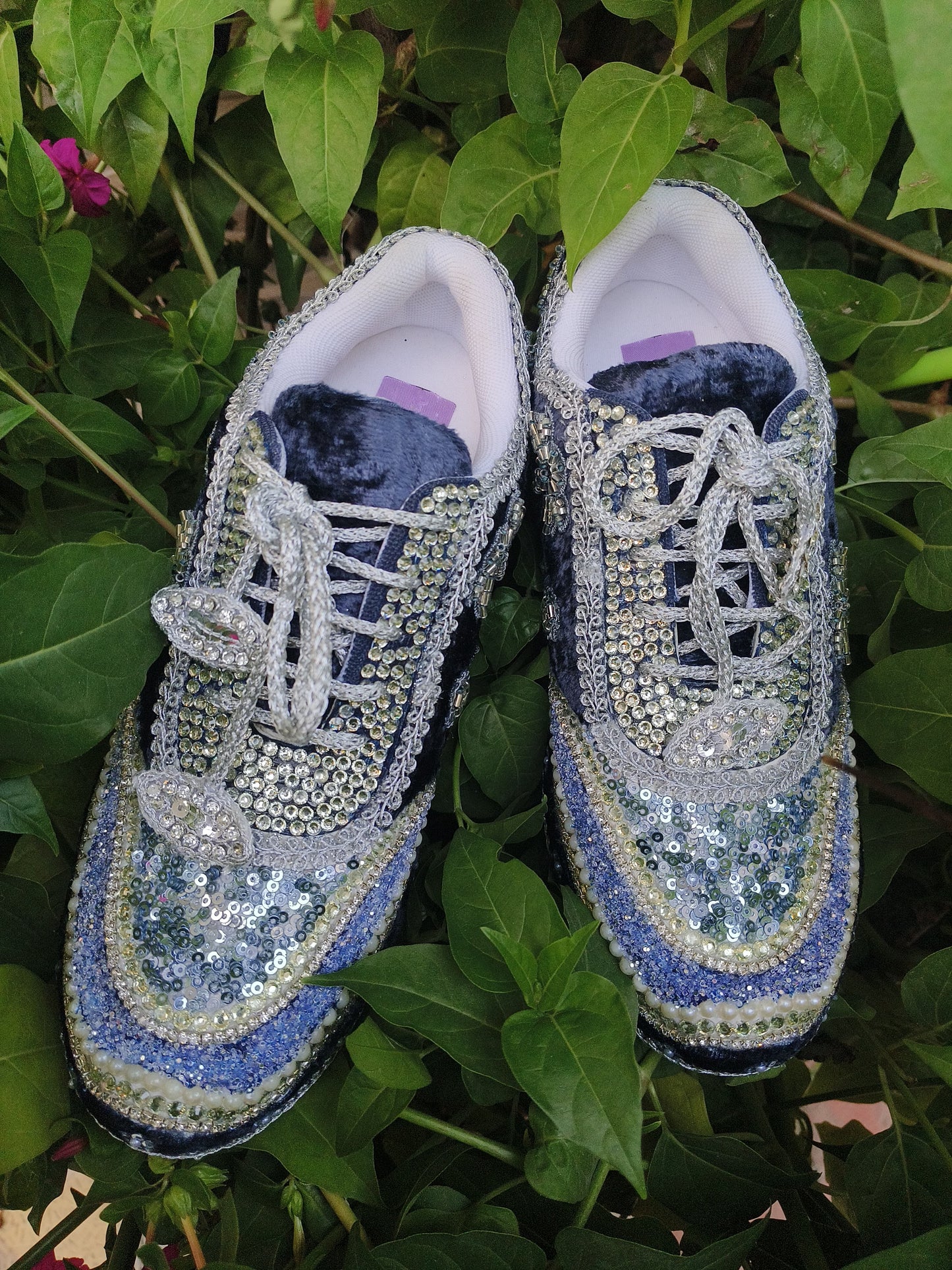 Midnight Blue Velvet Bridal Sneakers with Silver Cutdana & Crystal Embellishments