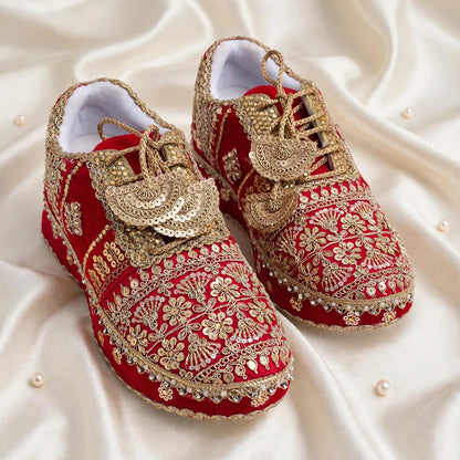 FUNKY N TRENDY red and gold bridal sneakers / bridesmaid sneakers/ golden sneakers / gold sneakers / red shoes / red bridal sneakers / embroidered shoes / embroidered sneakers
