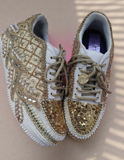 Golden Sequin Bridal Sneakers – Handcrafted Wedding Shoes for Brides | Funky N Trendy