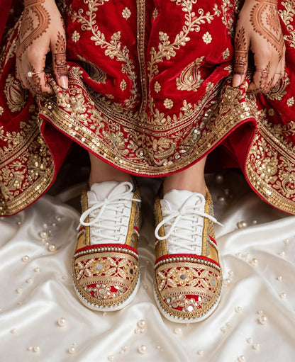 FUNKY N TRENDY red and gold sneakers for brides /bridesmaids / sneakers for bridesmaids/ handcrafted sneakers/ gold sneakers / bridal sneakers / bridesmaid sneakers/ gold sneakers / red shoes