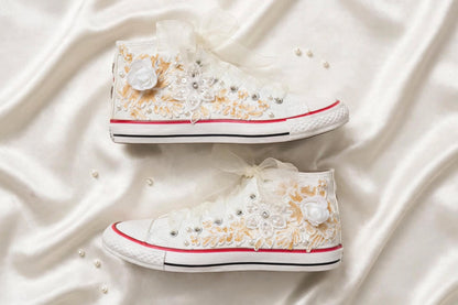 Customized Bridal Sneakers with Name initials / wedding date– Wedding Shoes for Bride/ white floral sneakers