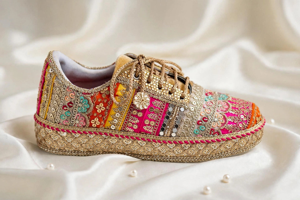 Handcrafted Mirror Work Bridal Sneakers | Indian Wedding Sneakers with Gota Patti Embroidery