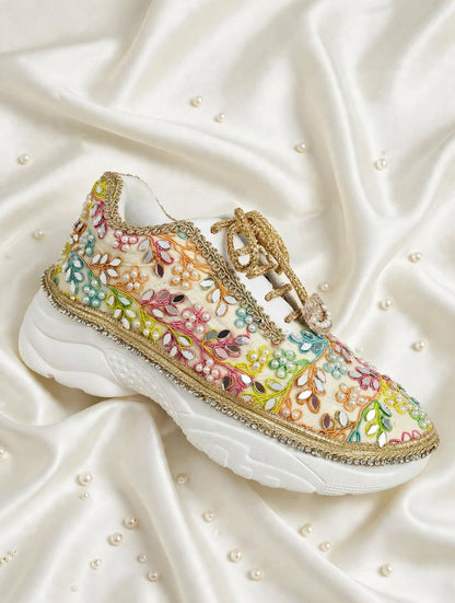 “Rainbow Bridal Sneakers with Mirror detailing– Floral Embroidery”