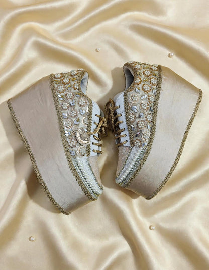 FUNKY N TRENDY Rose Gold Mirror sequine work sneakers - wedge sneakers heeled sneakers/ Rose gold sneakers
