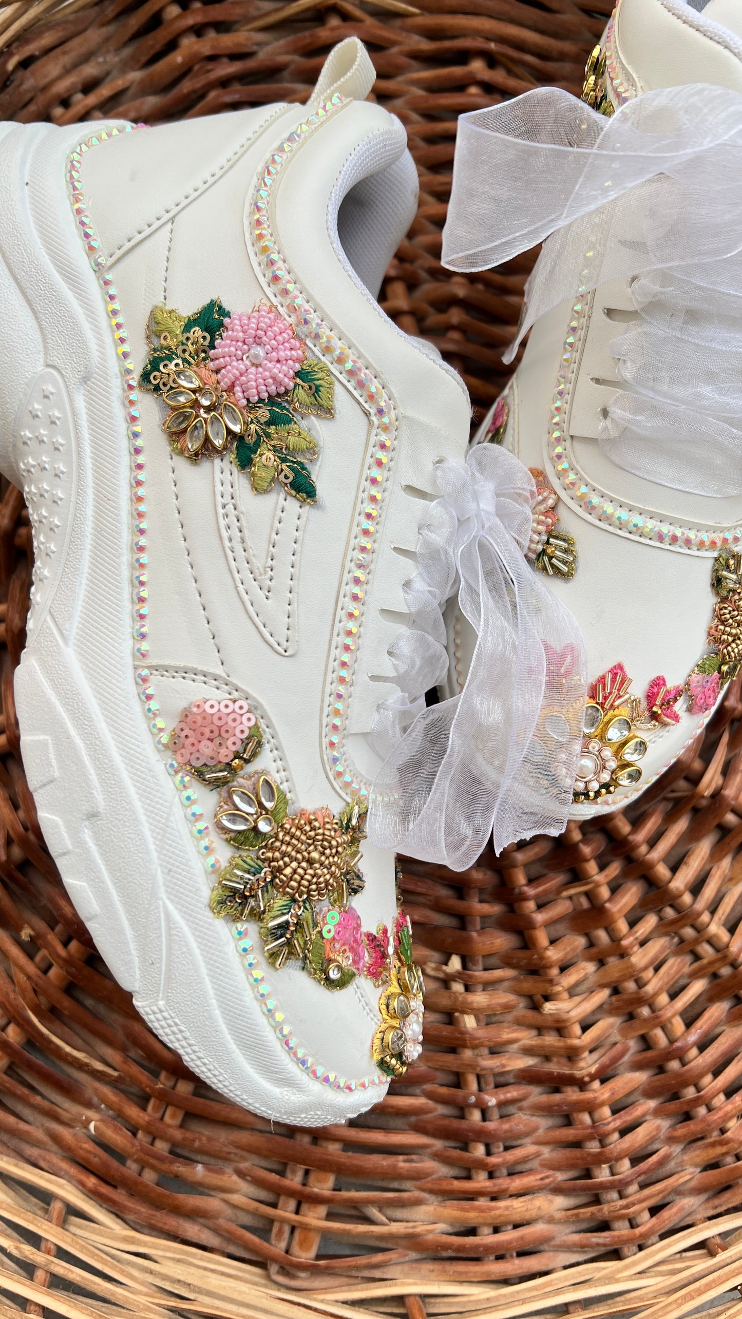 FUNKY N TRENDY hand embroidered floral work sneakers/ white sneakers /bridal shoes / bridal sneakers / minimal sneakers/ bridesmaid sneakers