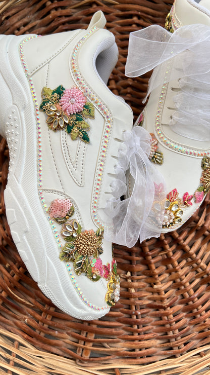 FUNKY N TRENDY hand embroidered floral work sneakers/ white sneakers /bridal shoes / bridal sneakers / minimal sneakers/ bridesmaid sneakers
