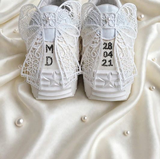 Funky N Trendy white thread work pearl work sneakers with floral detailing / bridal sneakers/ sneaker for bride / white sneakers/ pearl sneakers for bride/custom name initials / wedding date