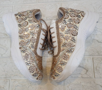 FUNKY N TRENDY rose gold/ tan peach/gold sneakers with pearl detailing for brides / bridesmaids/ ivory sneakers / beige sneakers / tan peach shoes/ rose gold sneakers / rose gold shoes