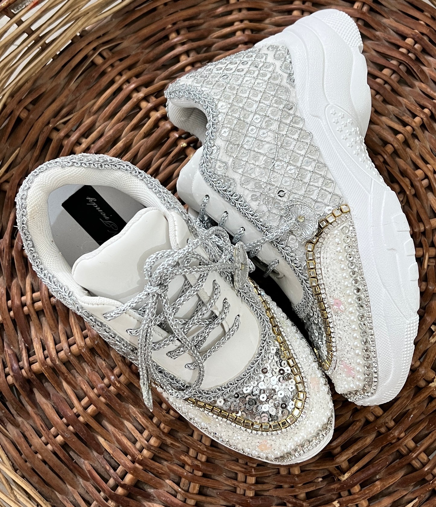 FUNKY N TRENDY hand work bridal sneakers / bridesmaid sneakers/ silver sneakers / silver shoes/mirror sneakers mirror shoes/ bride shoes/ embroidered shoes