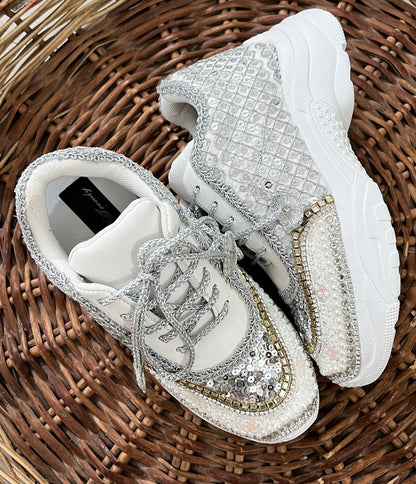 FUNKY N TRENDY hand work bridal sneakers / bridesmaid sneakers/ silver sneakers / silver shoes/mirror sneakers mirror shoes/ bride shoes/ embroidered shoes