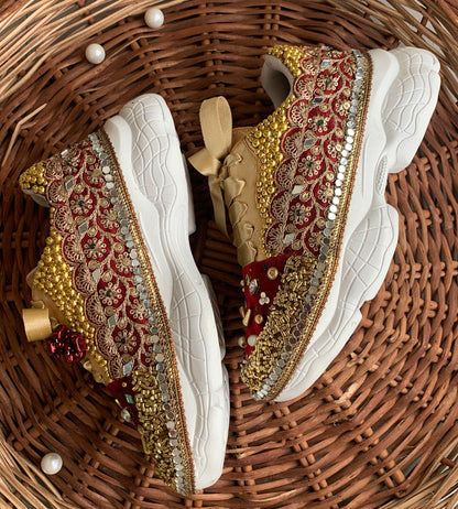 FUNKY N TRENDY maroon and gold sneakers with mirror detailing for brides /bridesmaids / sneakers for bridesmaids/ handcrafted sneakers/ maroon sneakers / bridal sneakers / bridesmaid sneakers/ maroon shoes