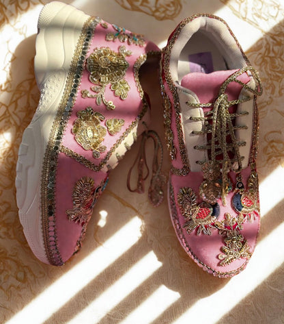 “Peacock Pink Bridal Sneakers – Floral Embroidery”
