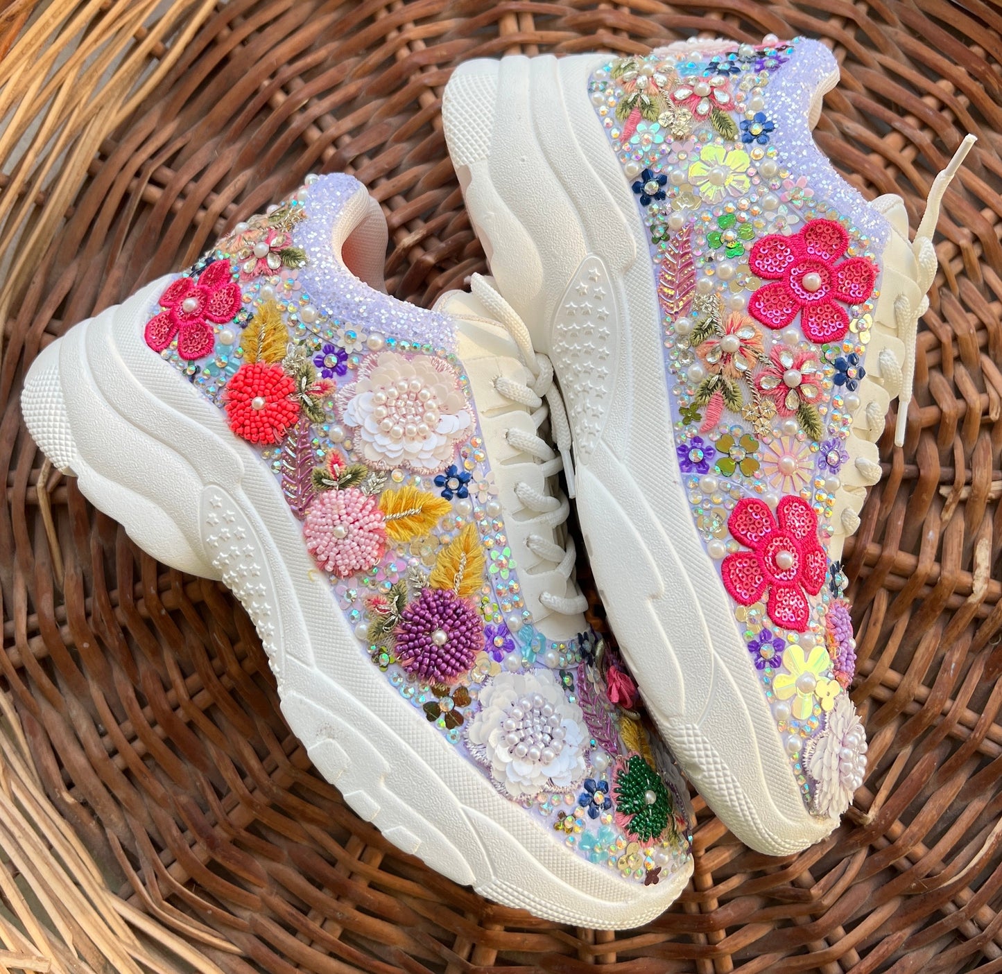 FUNKY N TRENDY fully hand crafted purple floral work with beads rhinestones cutdana etc /bridal sneakers / bridesmaid sneakers/ floral sneakers /colorful sneakers /bridal shoes / haldi mahendi shoes/ carnival sneakers / lilac levender sneakers
