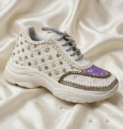 Funky N Trendy ivory and purple embroidery work bridal sneakers/ bridesmaid sneaker / lavender sneakers/ lilac sneakers / sequine work sneakers/ purple shoes/ silver sneakers
