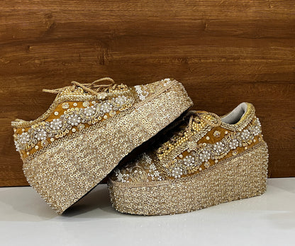 FUNKY N TRENDY Gold Heavy Embroidered bridal sneakers - wedge sneakers heeled sneakers/ golden sneakers