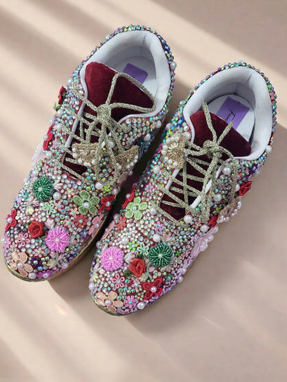 FUNKY N TRENDY fully hand crafted floral work with beads rhinestones cutdana sneakers / flower shoes / gold sneakers / red sneakers / maroon sneakers / multi colored sneakers