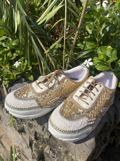 Funky N Trendy dull gold embroidered sequine work sneakers with mirror detailing / bridal sneakers/ sneaker for bride / white sneakers/ pearl sneakers for bride