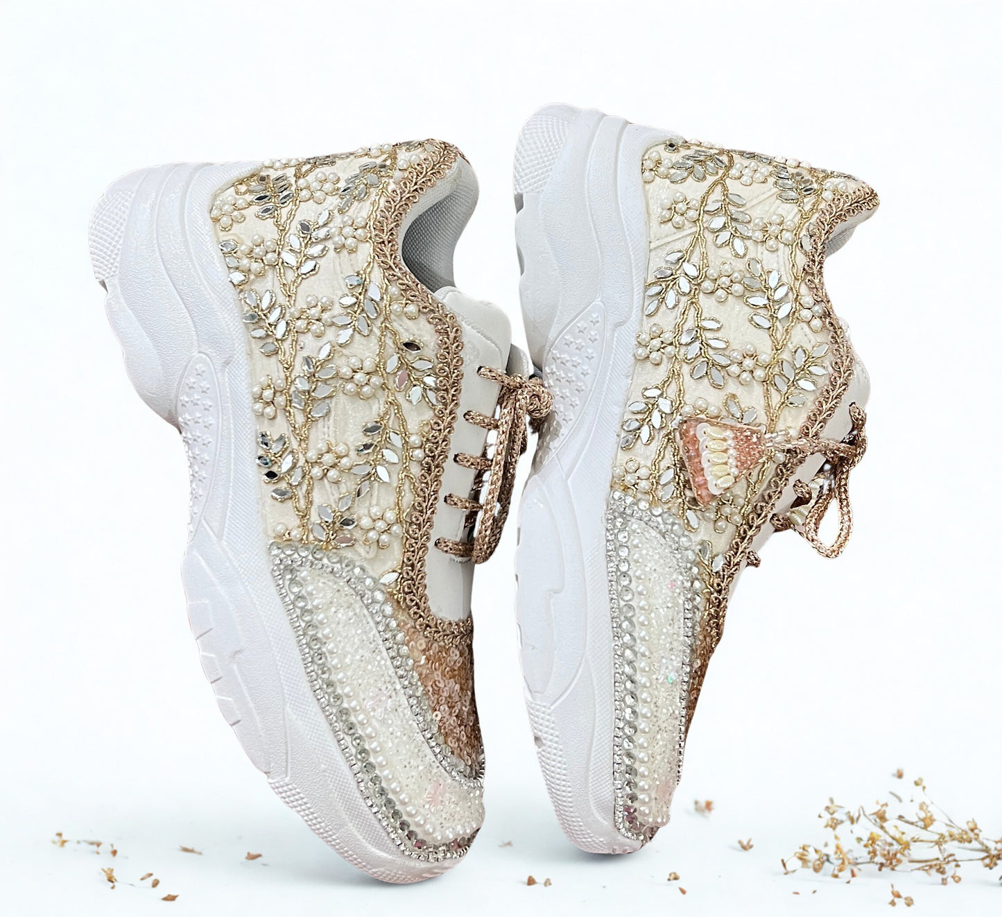 FUNKY N TRENDY rose gold/ tan peach/gold sneakers with pearl detailing for brides / bridesmaids/ ivory sneakers / beige sneakers / tan peach shoes/ rose gold sneakers / rose gold shoes