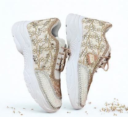 FUNKY N TRENDY rose gold/ tan peach/gold sneakers with pearl detailing for brides / bridesmaids/ ivory sneakers / beige sneakers / tan peach shoes/ rose gold sneakers / rose gold shoes