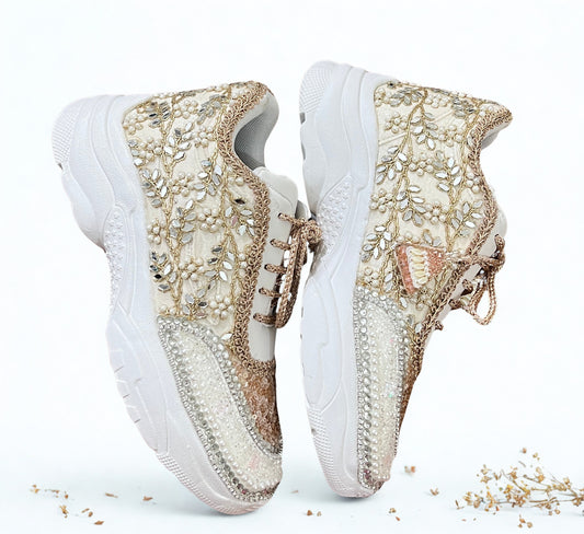 FUNKY N TRENDY rose gold/ tan peach/gold sneakers with pearl detailing for brides / bridesmaids/ ivory sneakers / beige sneakers / tan peach shoes/ rose gold sneakers / rose gold shoes