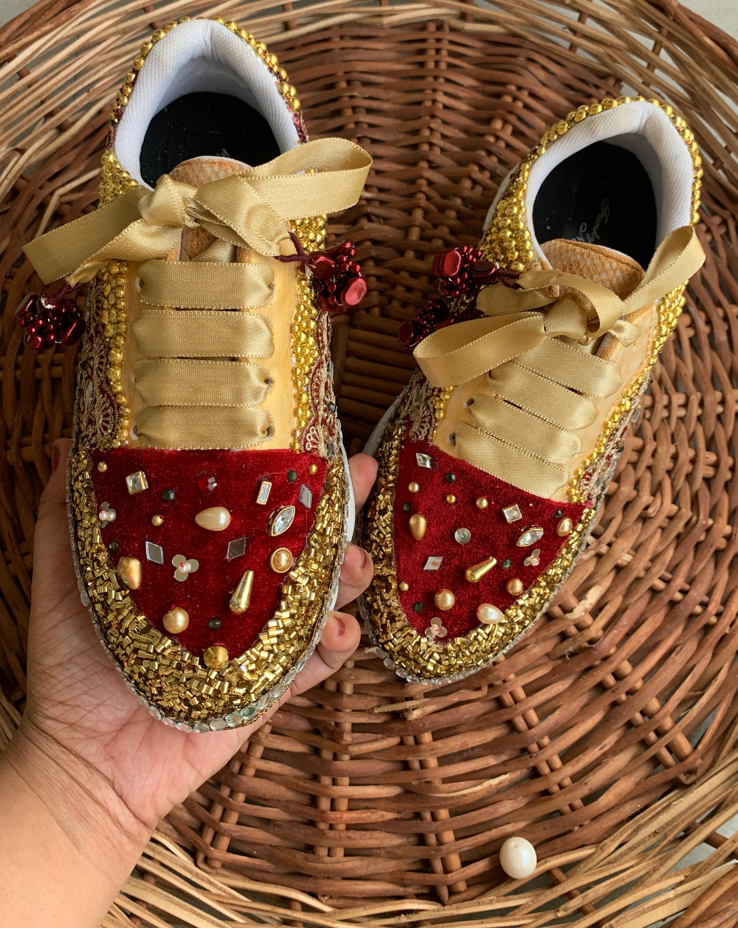 FUNKY N TRENDY maroon and gold sneakers with mirror detailing for brides /bridesmaids / sneakers for bridesmaids/ handcrafted sneakers/ maroon sneakers / bridal sneakers / bridesmaid sneakers/ maroon shoes