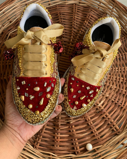 FUNKY N TRENDY maroon and gold sneakers with mirror detailing for brides /bridesmaids / sneakers for bridesmaids/ handcrafted sneakers/ maroon sneakers / bridal sneakers / bridesmaid sneakers/ maroon shoes