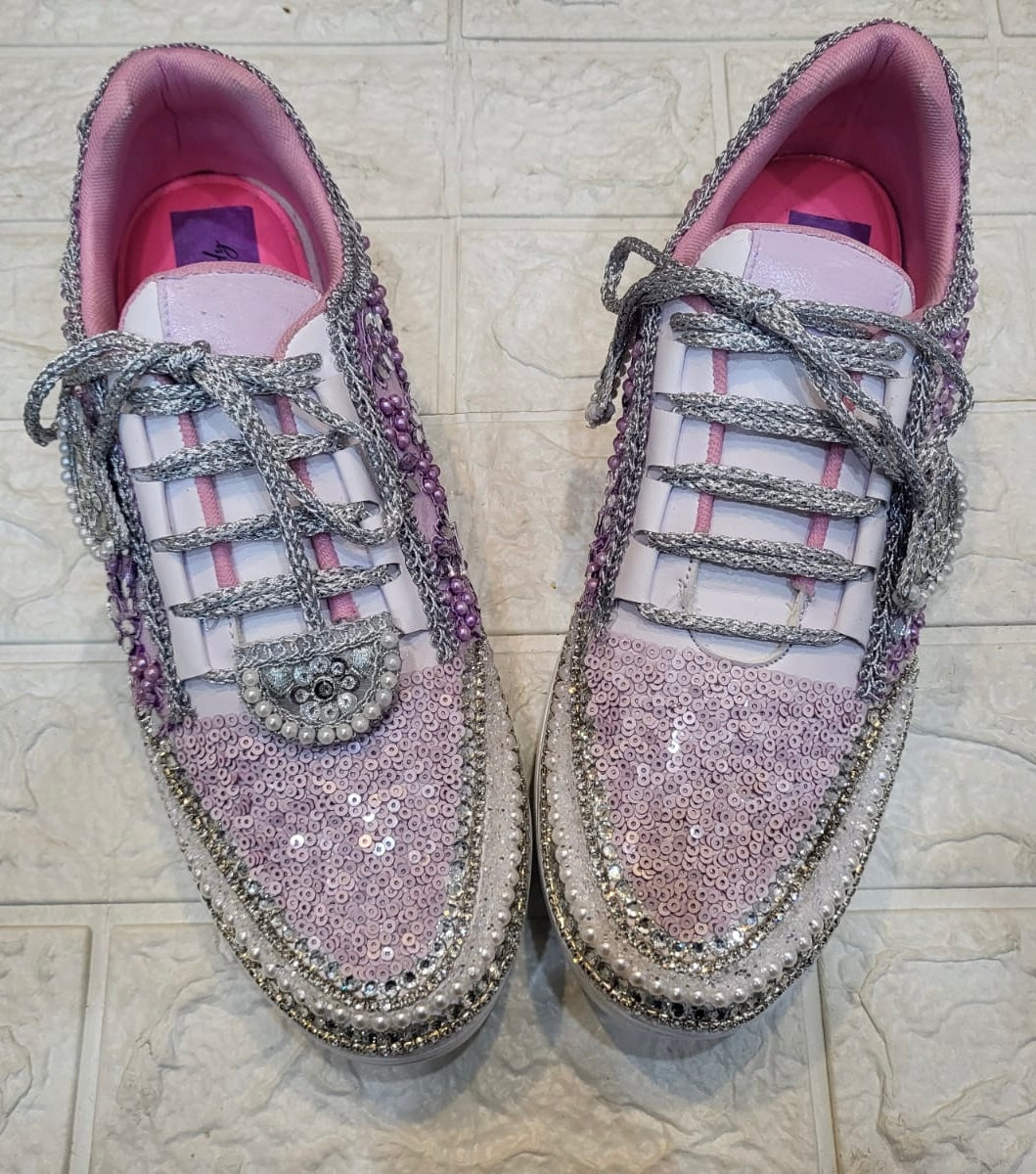 Funky N Trendy purple / lilac/ lavender embroidery work bridal sneakers/ bridesmaid sneaker / hancrafted sneakers / purple sneakers / white sneakers