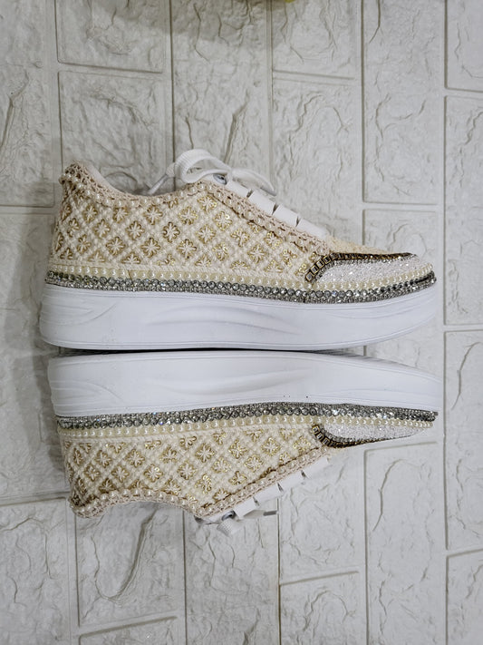 FUNKY N TRENDY ivory minimalistic sneakers with pearl detailing for brides /bridesmaids / sneakers for bridesmaids/ handcrafted sneakers/ sequine sneakers / bridal sneakers / bridesmaid sneakers/ ivory sneakers / minimal shoes