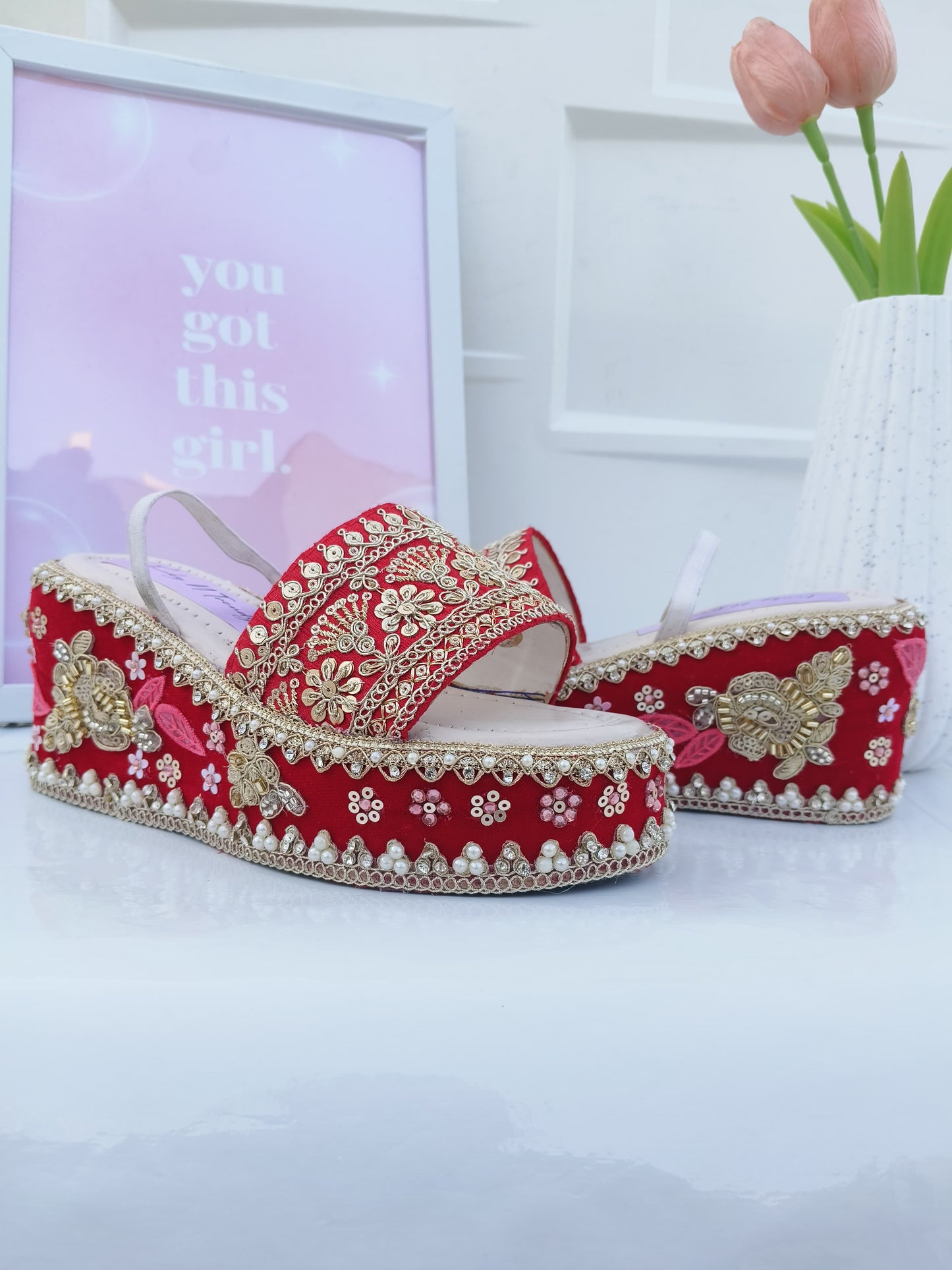 Handcrafted Bridal Embroidered Wedges - Red / Gold
