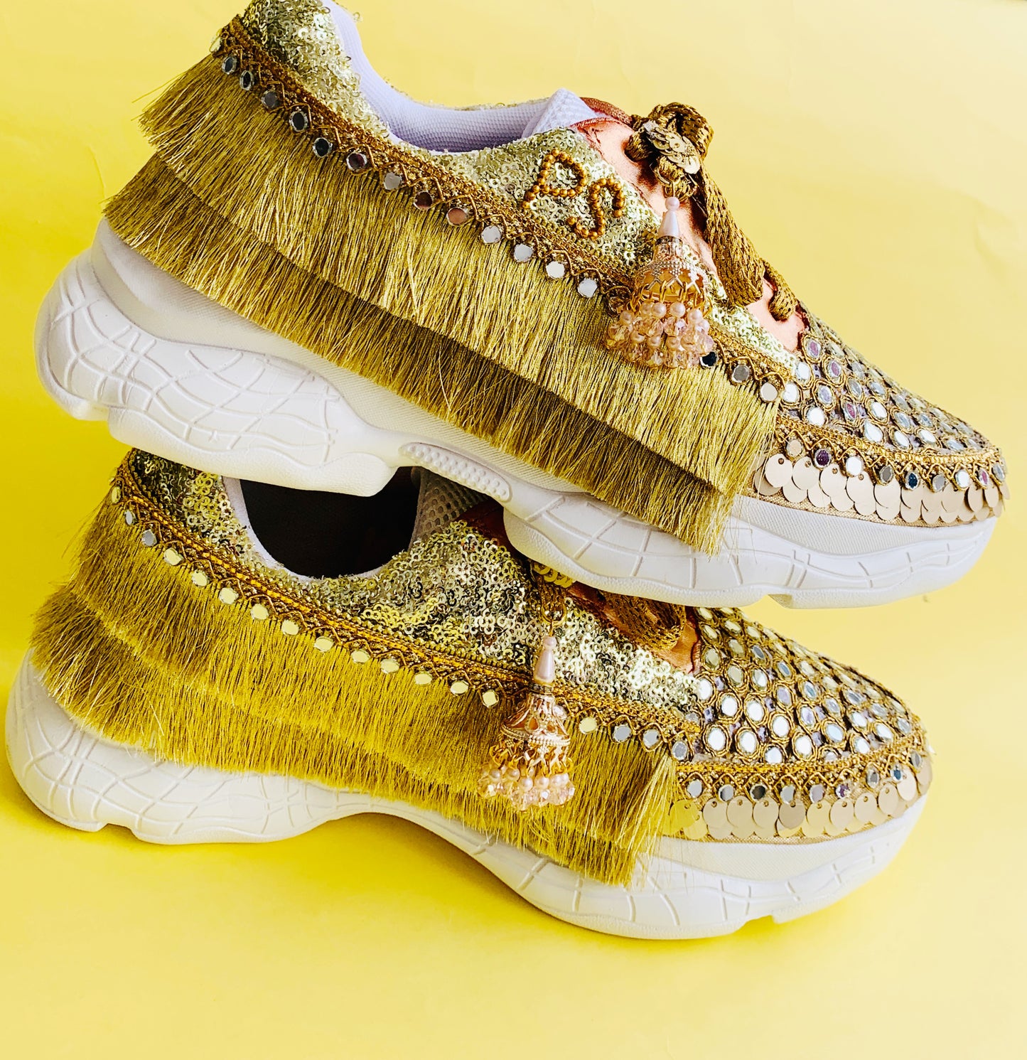 Funky N Trendy hand crafted golden mirror work bridal sneakers/ bridesmaid sneaker / golden sneakers/ gold sneakers / mirror sneakers