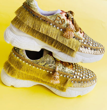 Funky N Trendy hand crafted golden mirror work bridal sneakers/ bridesmaid sneaker / golden sneakers/ gold sneakers / mirror sneakers