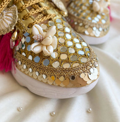 FUNKY N TRENDY megenta rani and gold sneakers for brides /bridesmaids / hot pink sneakers for bridesmaids/ handcrafted sneakers/ mirror sneakers / bridal sneakers / bridesmaid sneakers/ gold sneakers / megenta sneakers/ rani sneakers
