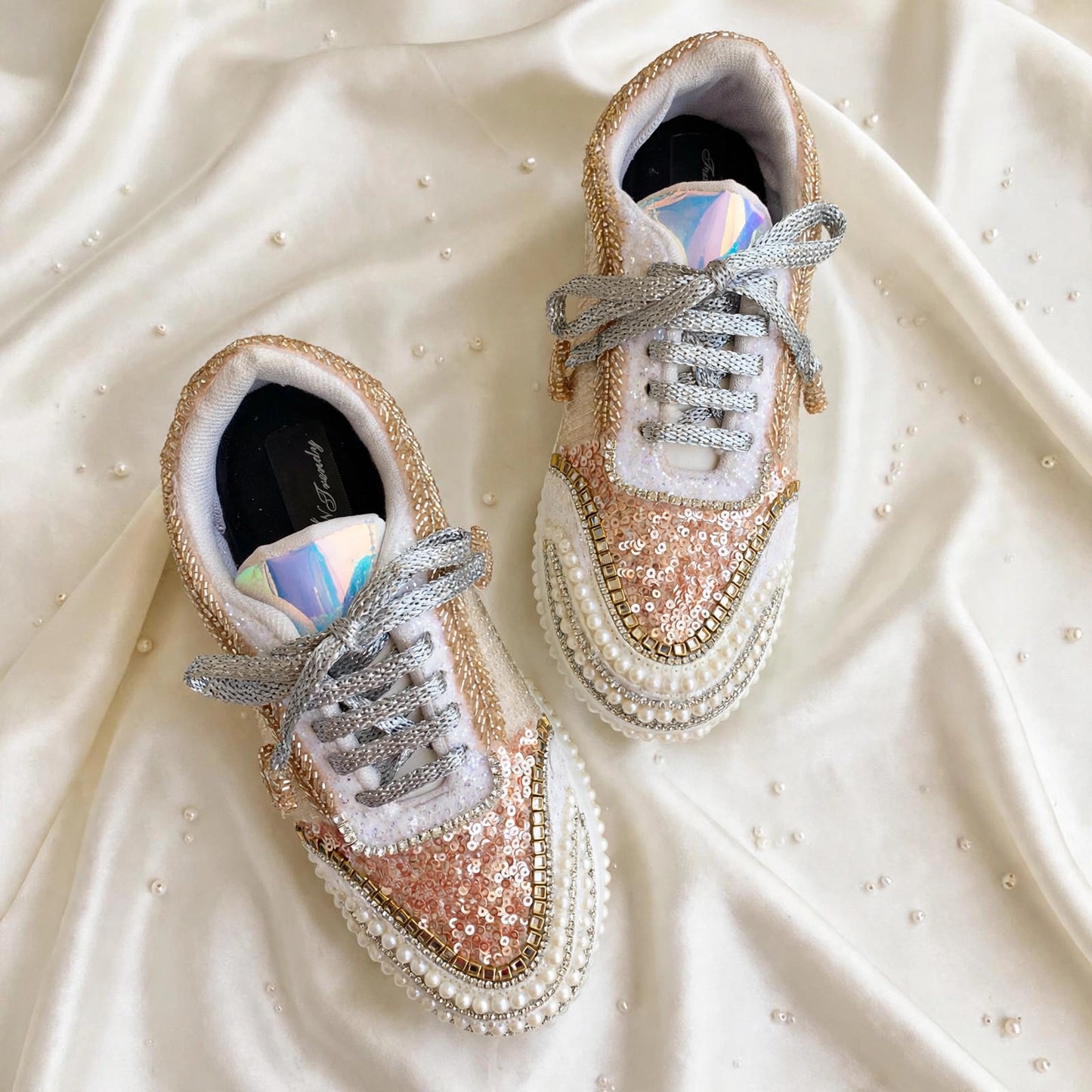 Peach Paradise – Rose Gold Sequin Pearl Sneakers | Bridal Sneakers India