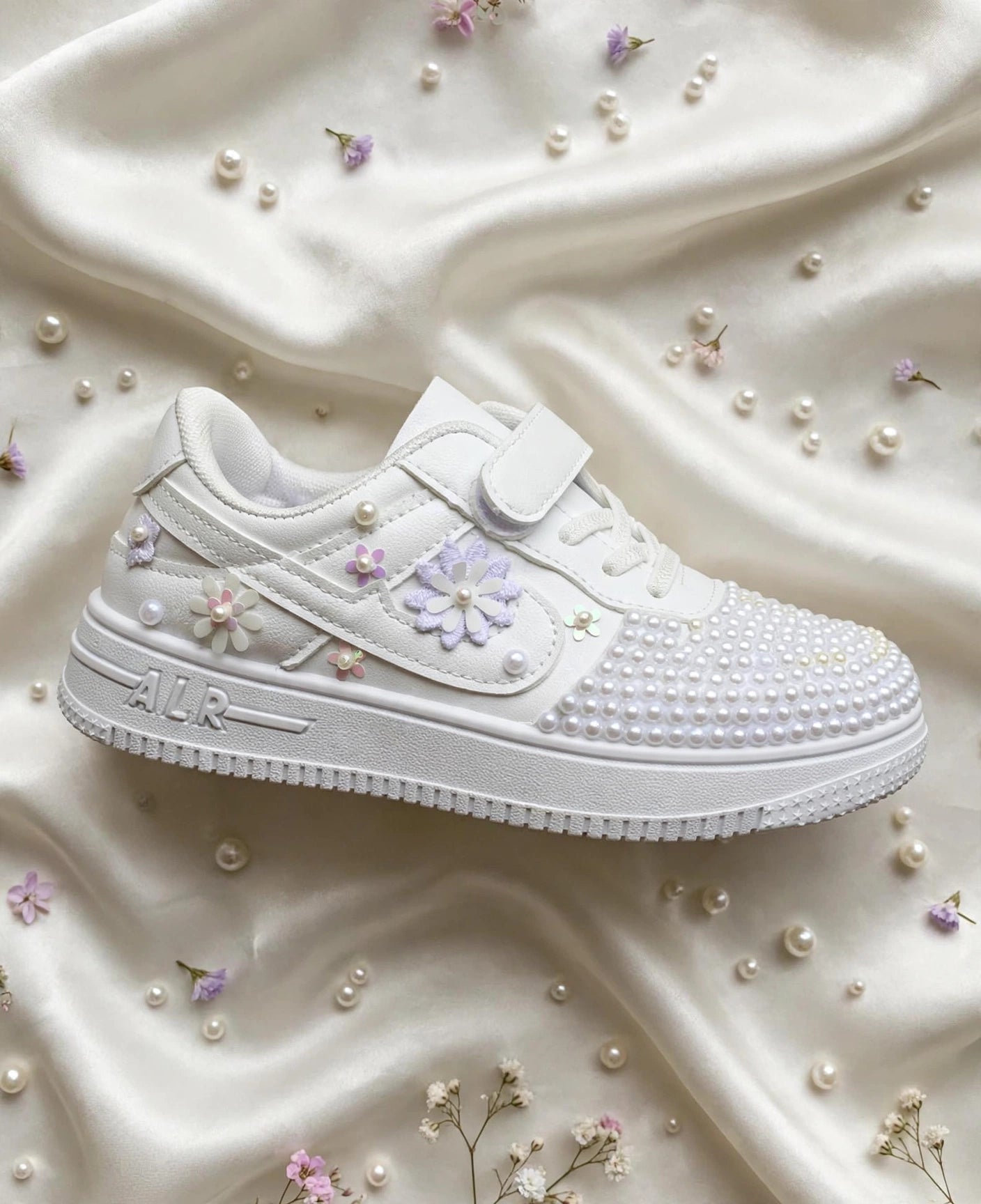 Funky N Trendy white floral sneakers/kids sneakers/ fliral shoes / kids shoes/ white sneakers / white pearl shoes for kids/handmade sneakers for kids