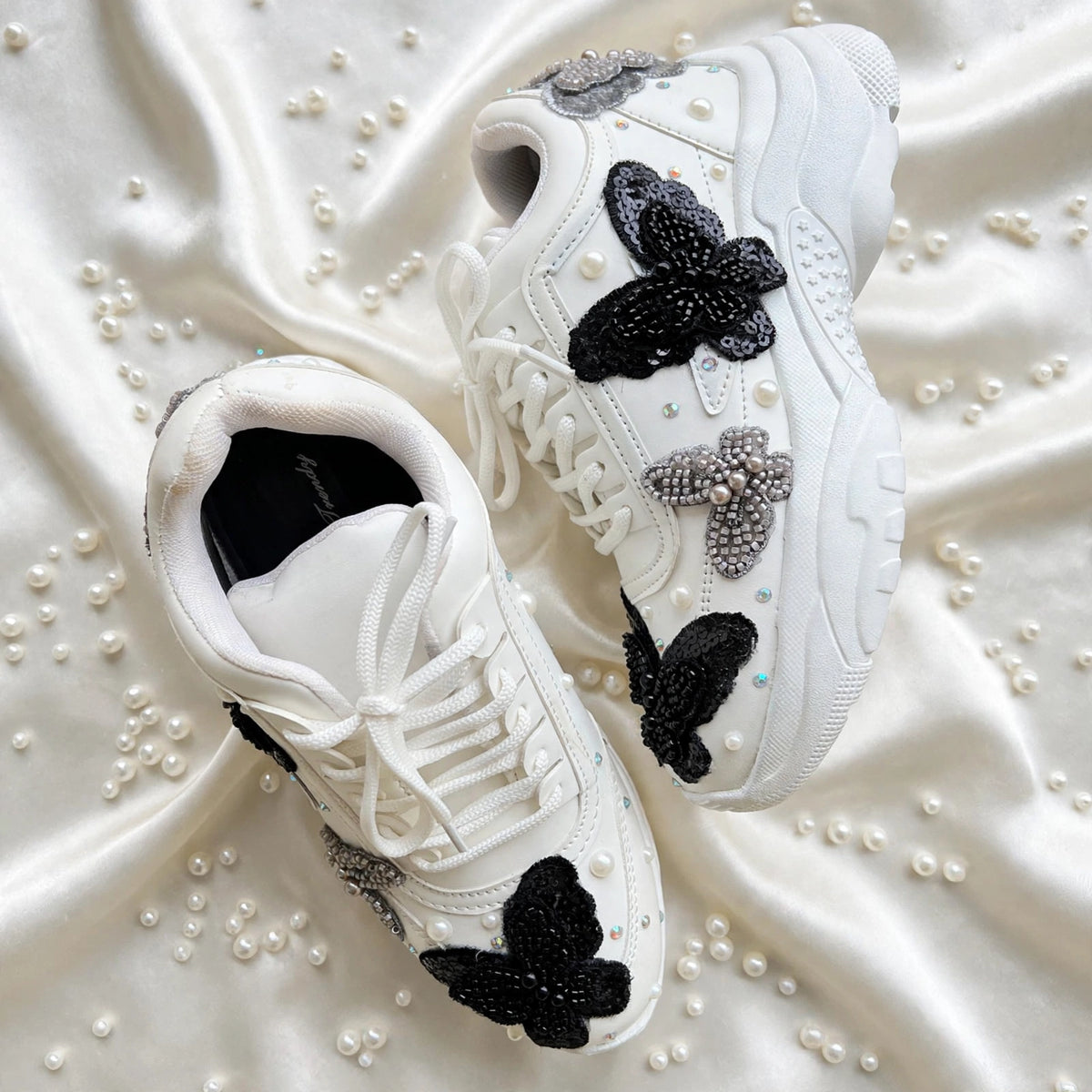Midnight Flutter – Black Butterfly Embroidered Sneakers | Designer Sneakers India