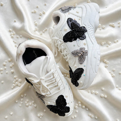Midnight Flutter – Black Butterfly Embroidered Sneakers | Designer Sneakers India
