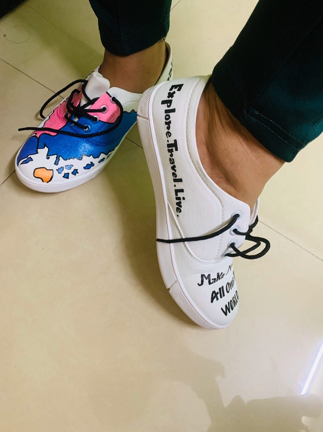 Funky N Trendy hand painted water resistant MAKE MEMORIES ALL OVER THE WORLD casual shoes