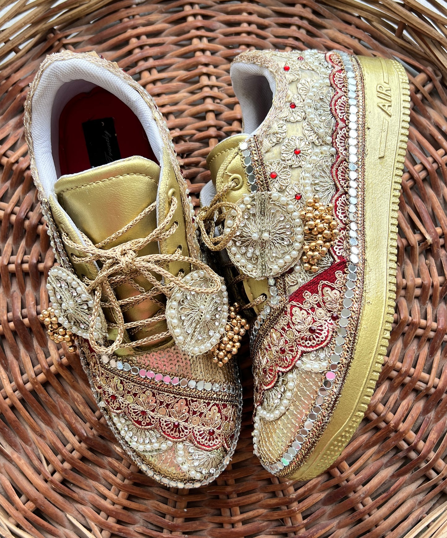 Funky N Trendy Maroon & Gold embroidery work bridal sneakers/ bridesmaid sneaker / golden sneakers/ Maroon sneakers / gold shoes