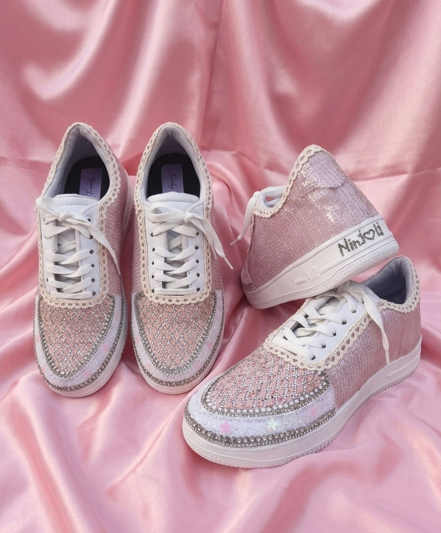 FUNKY N TRENDY pink sequine work sneakers with customization of name /wedding date/ couple shoes