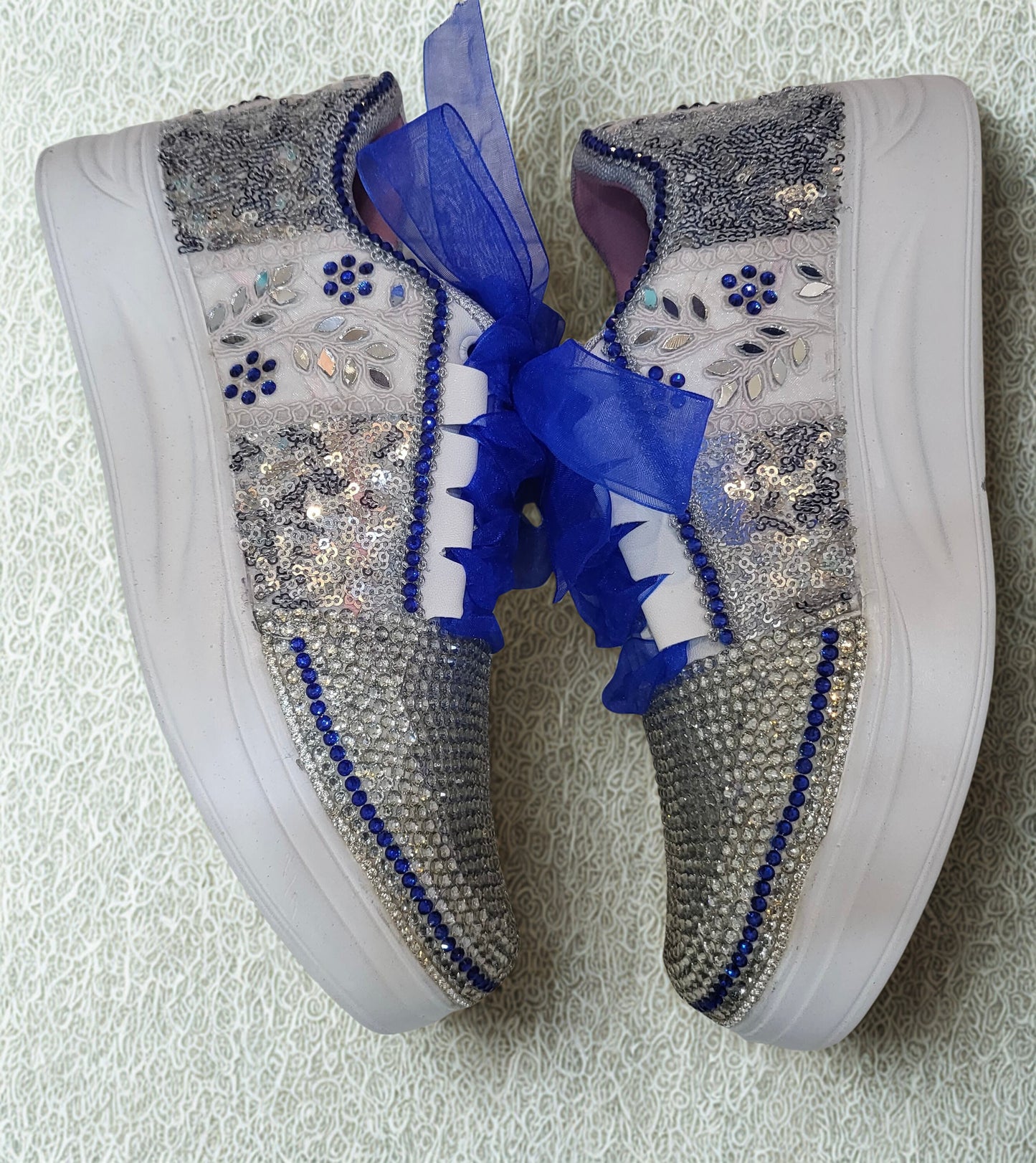 FUNKY N TRENDY rhinestone work bridal sneakers / bridesmaid sneakers/ silver sneakers / silver shoes/ rhinestone sneakers mirror shoes/ bride shoes/ embroidered shoes/ silver and blue sneakers