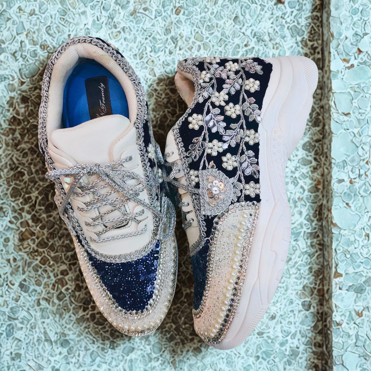 FUNKY N TRENDY Nevy blue and Silver hand work sneakers for brides / bridesmaids/ boho sneakers / blue sneakers / nevy blue shoes