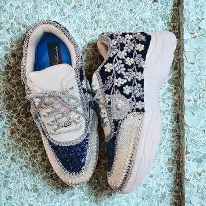FUNKY N TRENDY Nevy blue and Silver hand work sneakers for brides / bridesmaids/ boho sneakers / blue sneakers / nevy blue shoes
