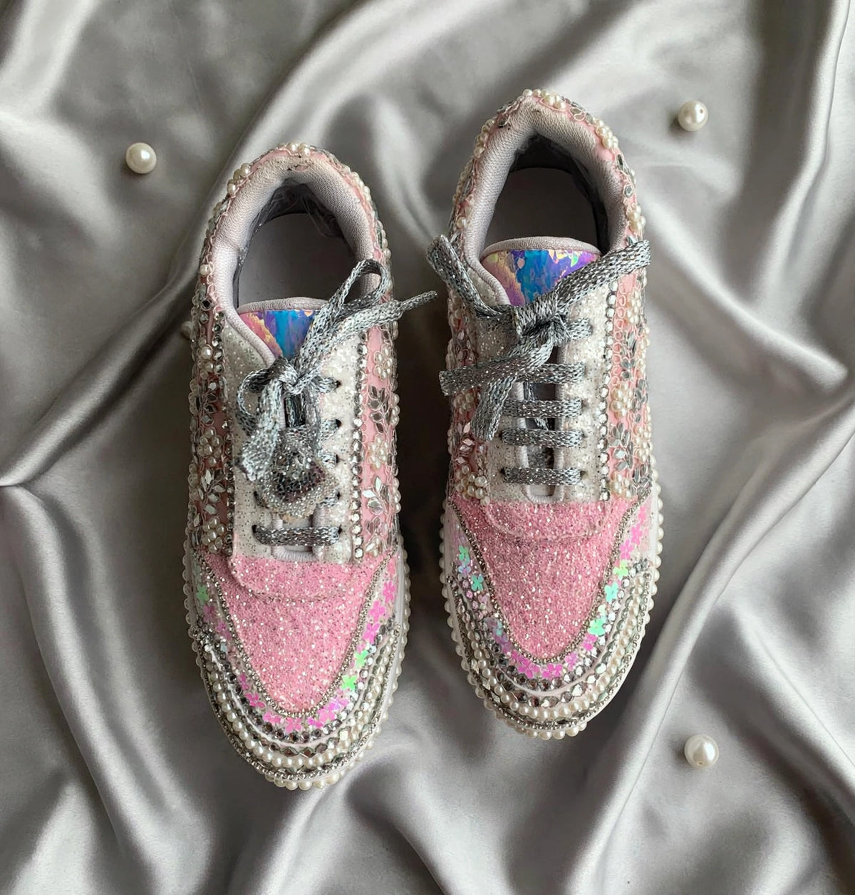 Custom Pink Pearl Bridal Sneakers | Platform Wedding Sneakers India | Funky N Trendy