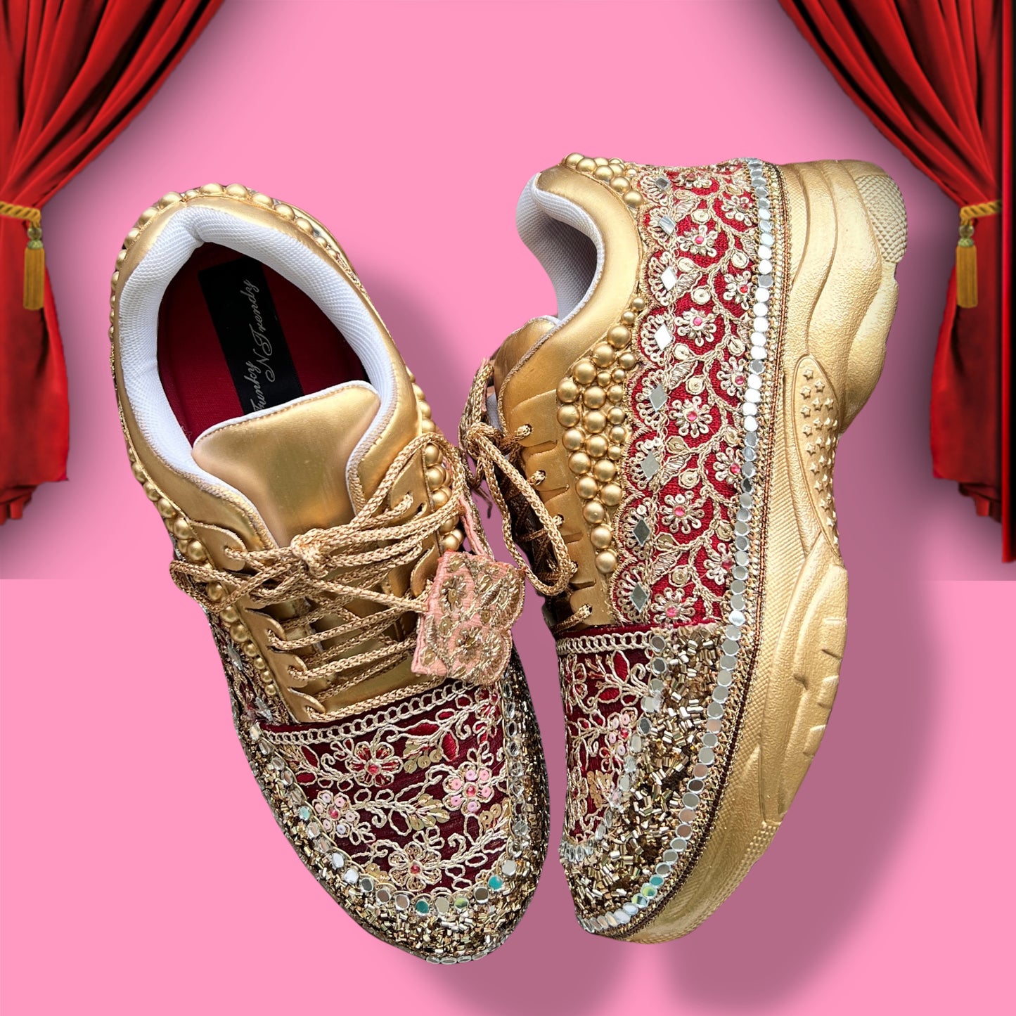 Funky N Trendy Maroon & Gold embroidery work bridal sneakers/ bridesmaid sneaker / golden sneakers/ Maroon sneakers / gold shoes