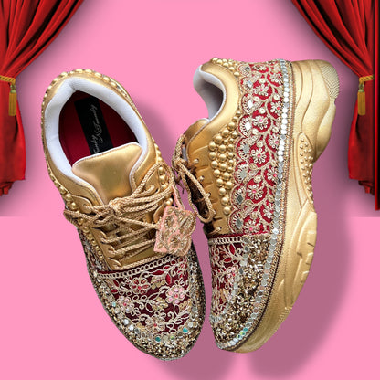 Funky N Trendy Maroon & Gold embroidery work bridal sneakers/ bridesmaid sneaker / golden sneakers/ Maroon sneakers / gold shoes