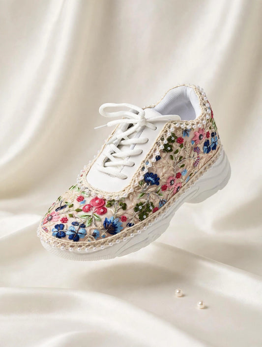 Blossom Bloom Hand Embroidered Threadwork Sneakers with Pearl border